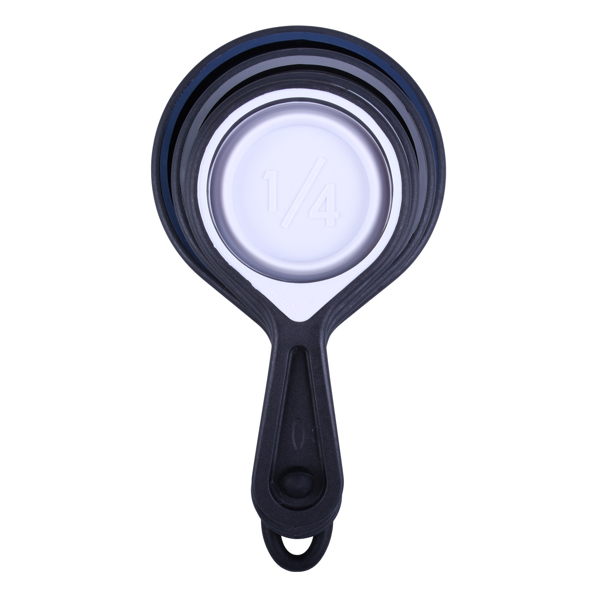 slide 5 of 5, Navy Silicone Measuring Cup Set By Makery, 1/4 cups, 1/3 cups, 1/2 cups and 1 cup