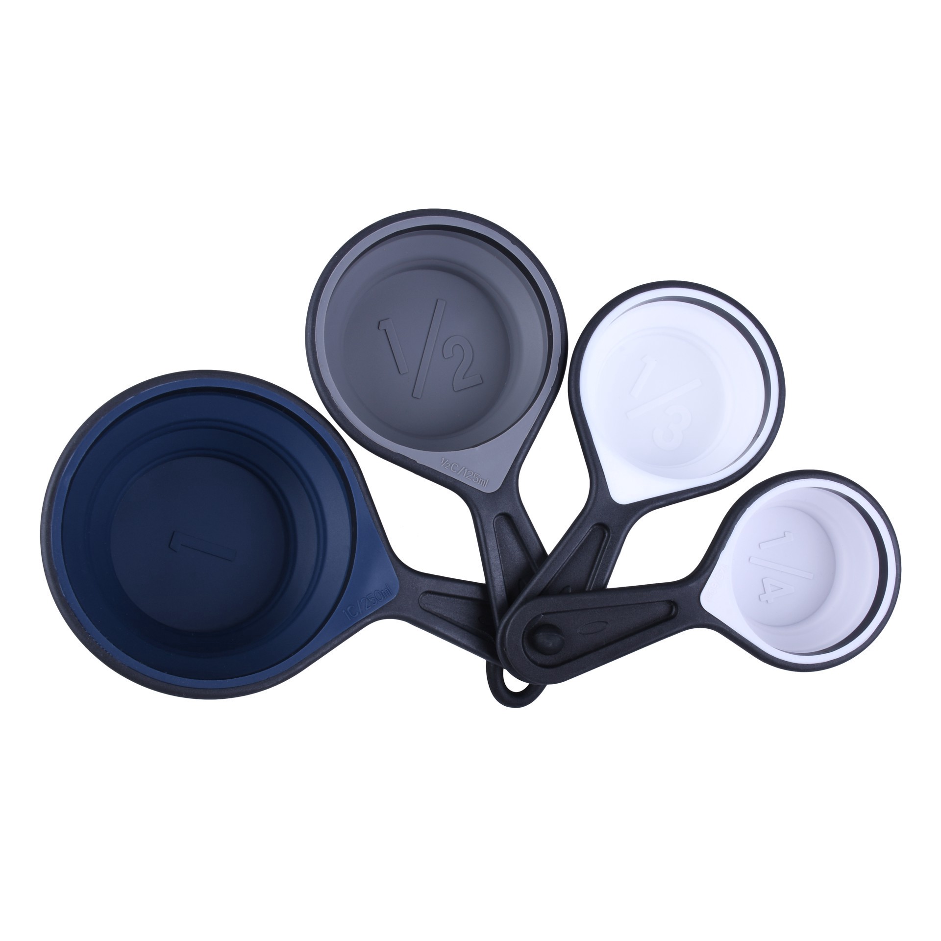 slide 4 of 5, Navy Silicone Measuring Cup Set By Makery, 1/4 cups, 1/3 cups, 1/2 cups and 1 cup