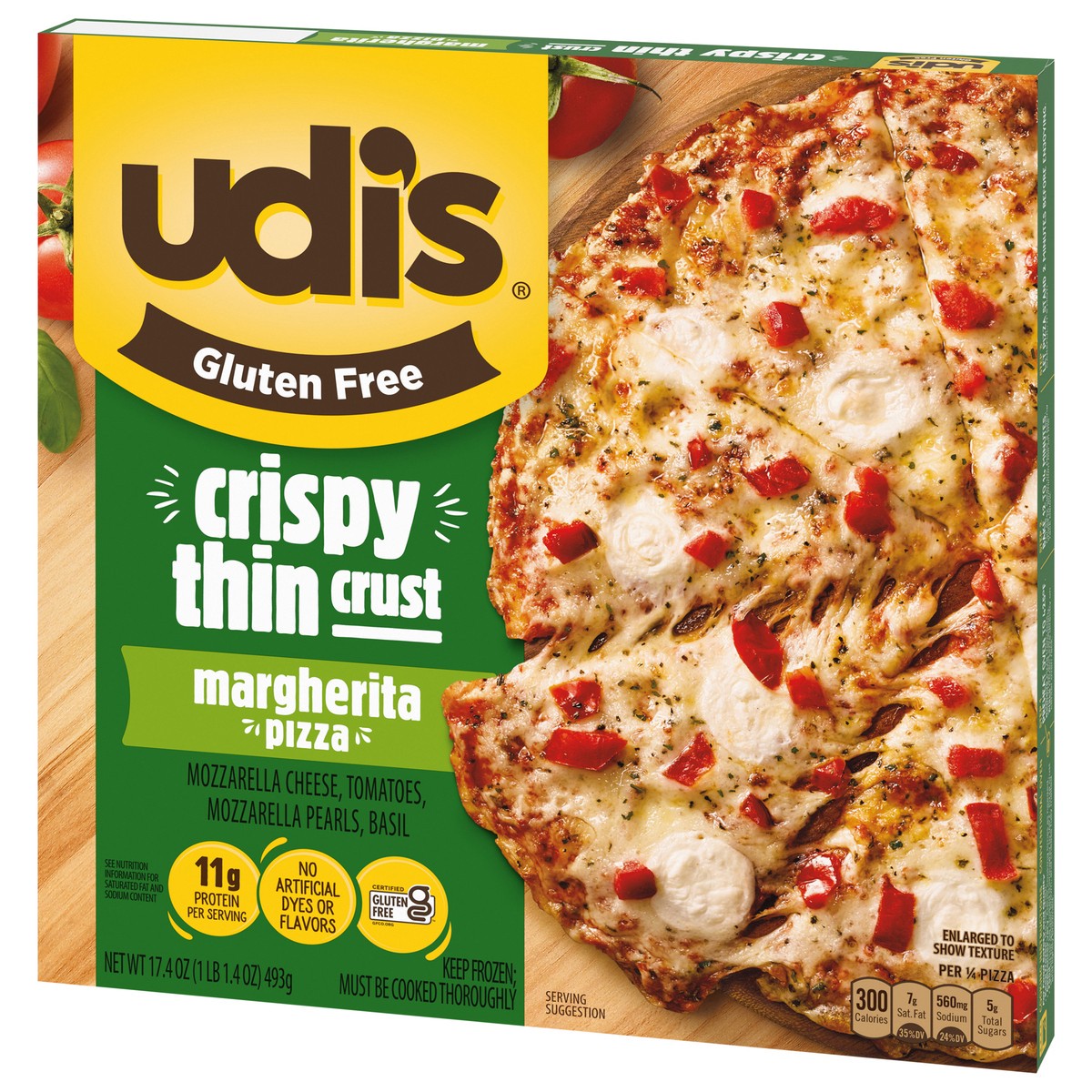 slide 3 of 9, Udi's Gluten Free Margherita Pizza With Crispy Thin Crust, Frozen, 17.47 oz., 17.4 oz