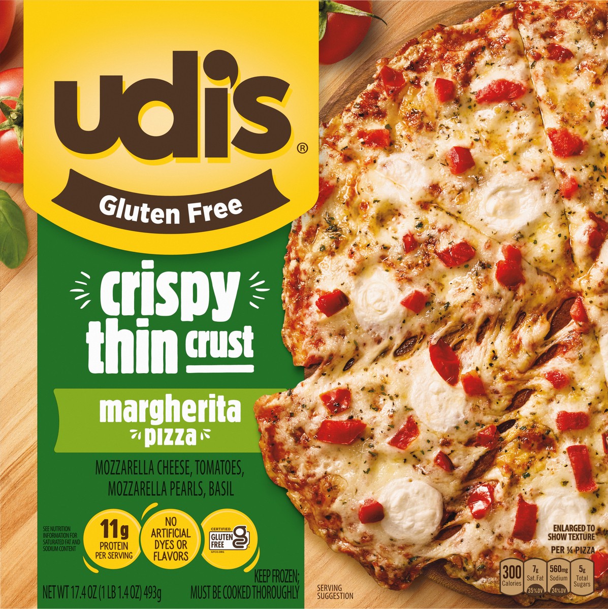slide 7 of 9, Udi's Gluten Free Margherita Pizza With Crispy Thin Crust, Frozen, 17.47 oz., 17.4 oz