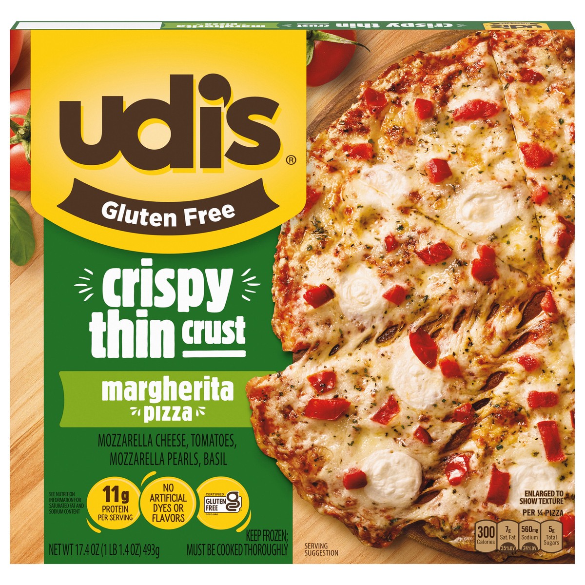 slide 1 of 9, Udi's Gluten Free Margherita Pizza With Crispy Thin Crust, Frozen, 17.47 oz., 17.4 oz