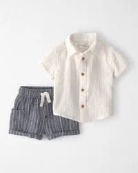 Baby Boy 2-Piece Organic Cotton Gauze Top & Short Set, Sweet Cream, Navy Stripes, 12M