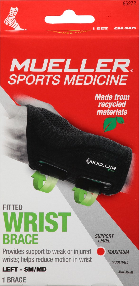slide 1 of 9, Mueller Small/Medium Fitted Left Hand Wrist Brace, Sm-Med