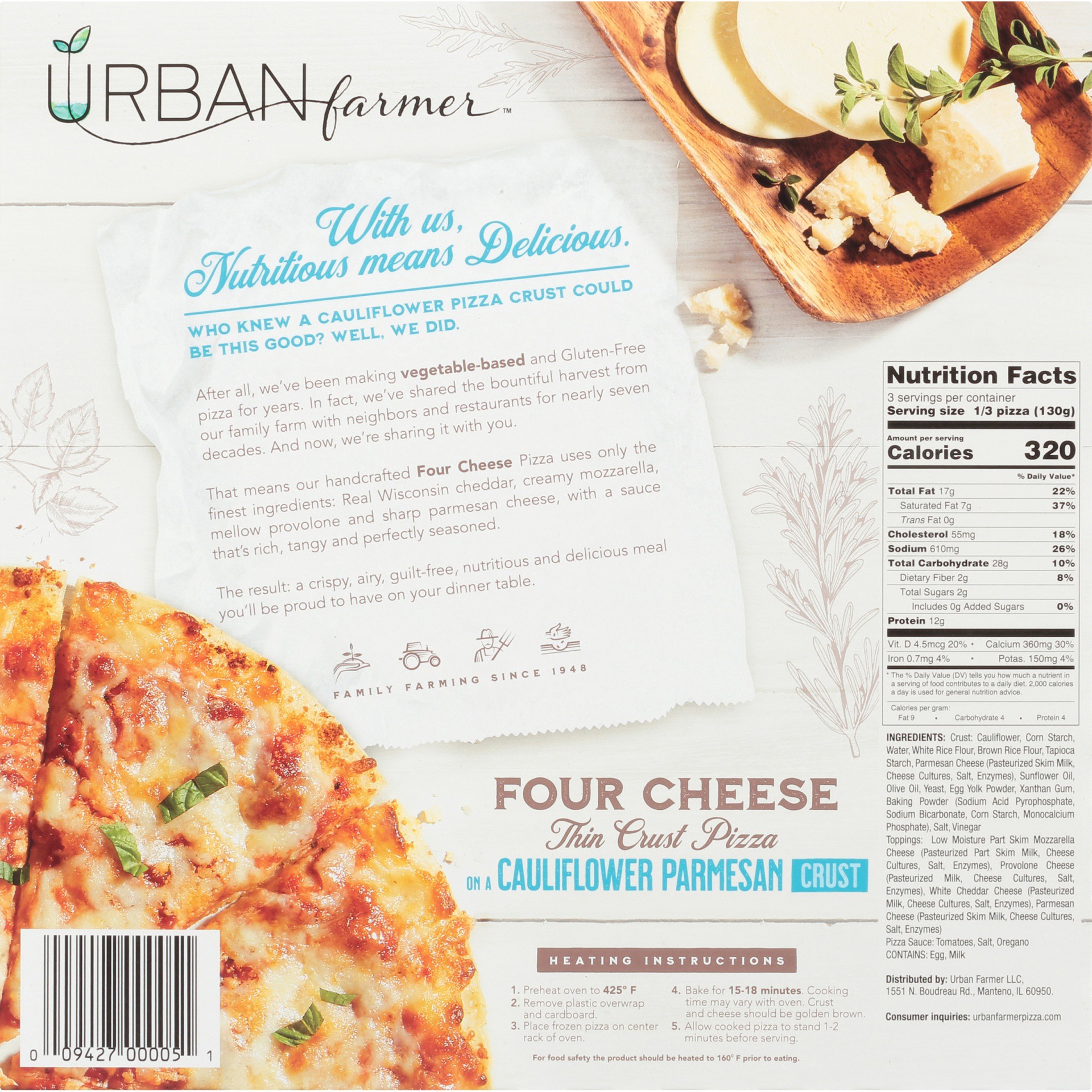 slide 6 of 8, Urban Farmer Four Cheese Cauliflower Parmesan Thin Crust Pizza, 13.6 oz