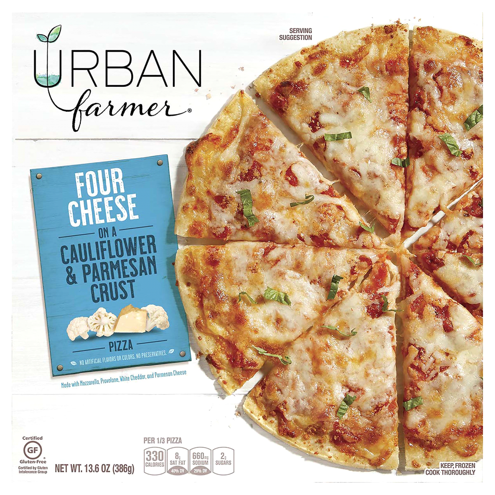 slide 1 of 8, Urban Farmer Four Cheese Cauliflower Parmesan Thin Crust Pizza, 13.6 oz