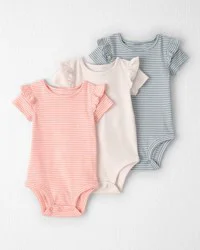 Baby Girl 3-Pack Organic Cotton Flutter Bodysuits in Stripes - 6M