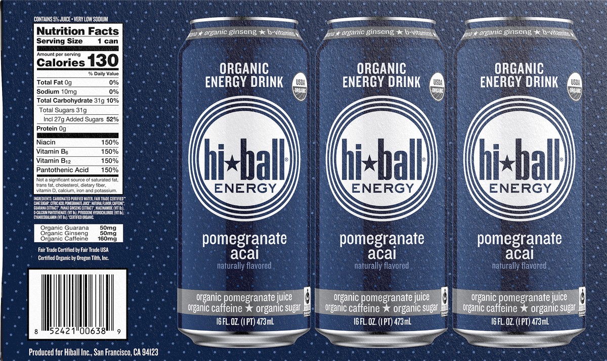 slide 6 of 10, Hiball Energy Organic Pomegranate Acai Energy Drink - 8 ct, 16 fl oz