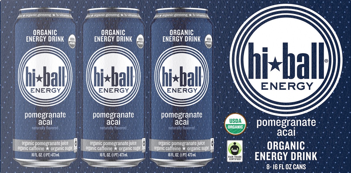 slide 1 of 10, Hiball Energy Organic Pomegranate Acai Energy Drink - 8 ct, 16 fl oz