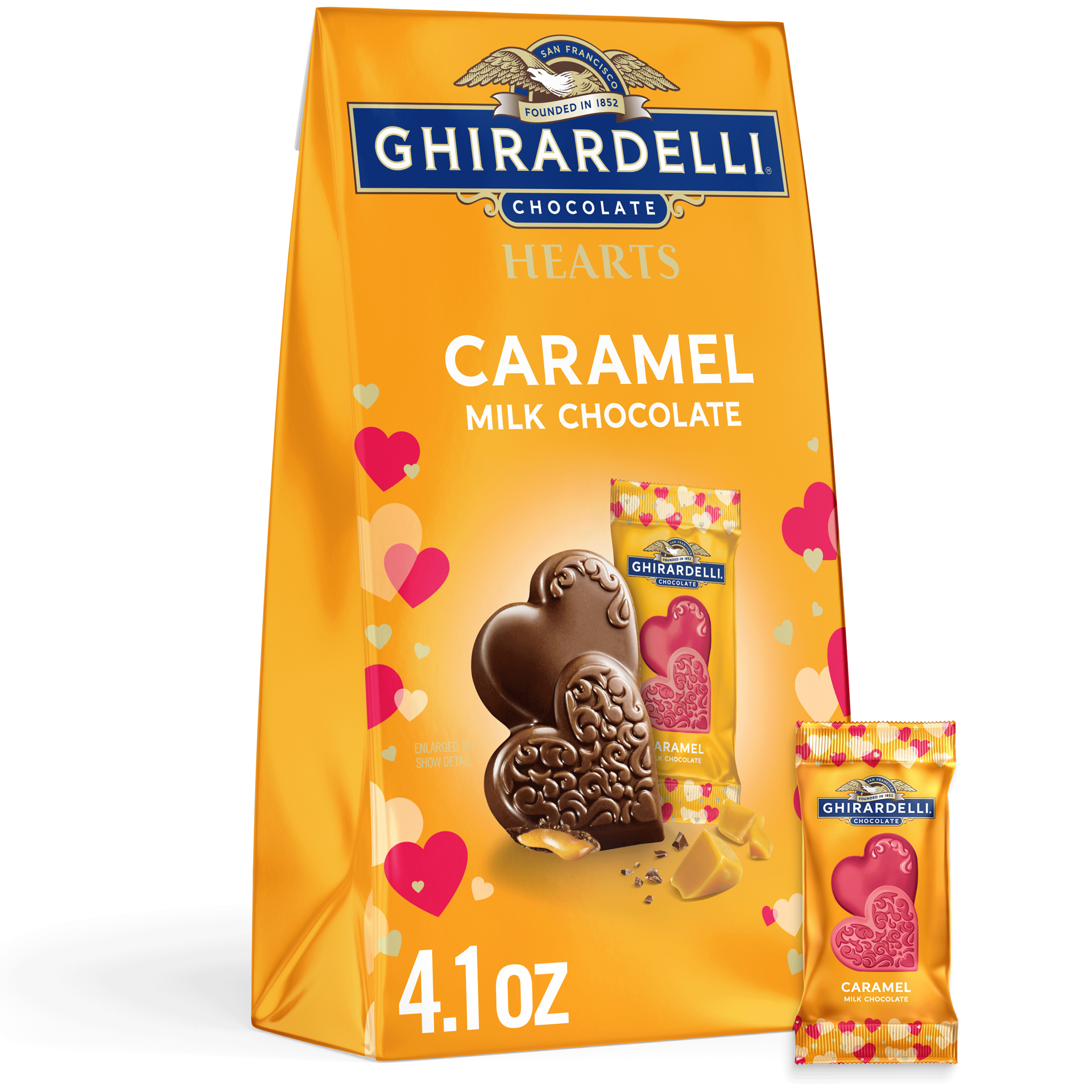 slide 1 of 7, GHIRARDELLI Caramel Milk Chocolate Hearts, 4.1 oz Bag, 4.1 oz