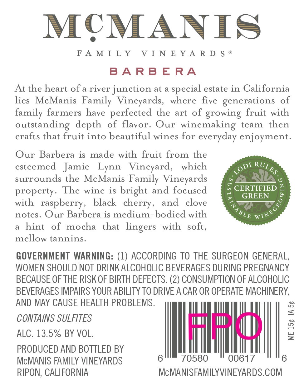 slide 5 of 5, McManis Family Vineyards McManis Barbera Red Wine - 750ml, 2017 California, 750 ml