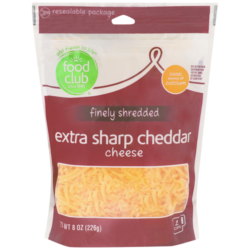 slide 1 of 1, Food Club Extra Sharp Cheddar Finely Shredded Cheese, 8 oz