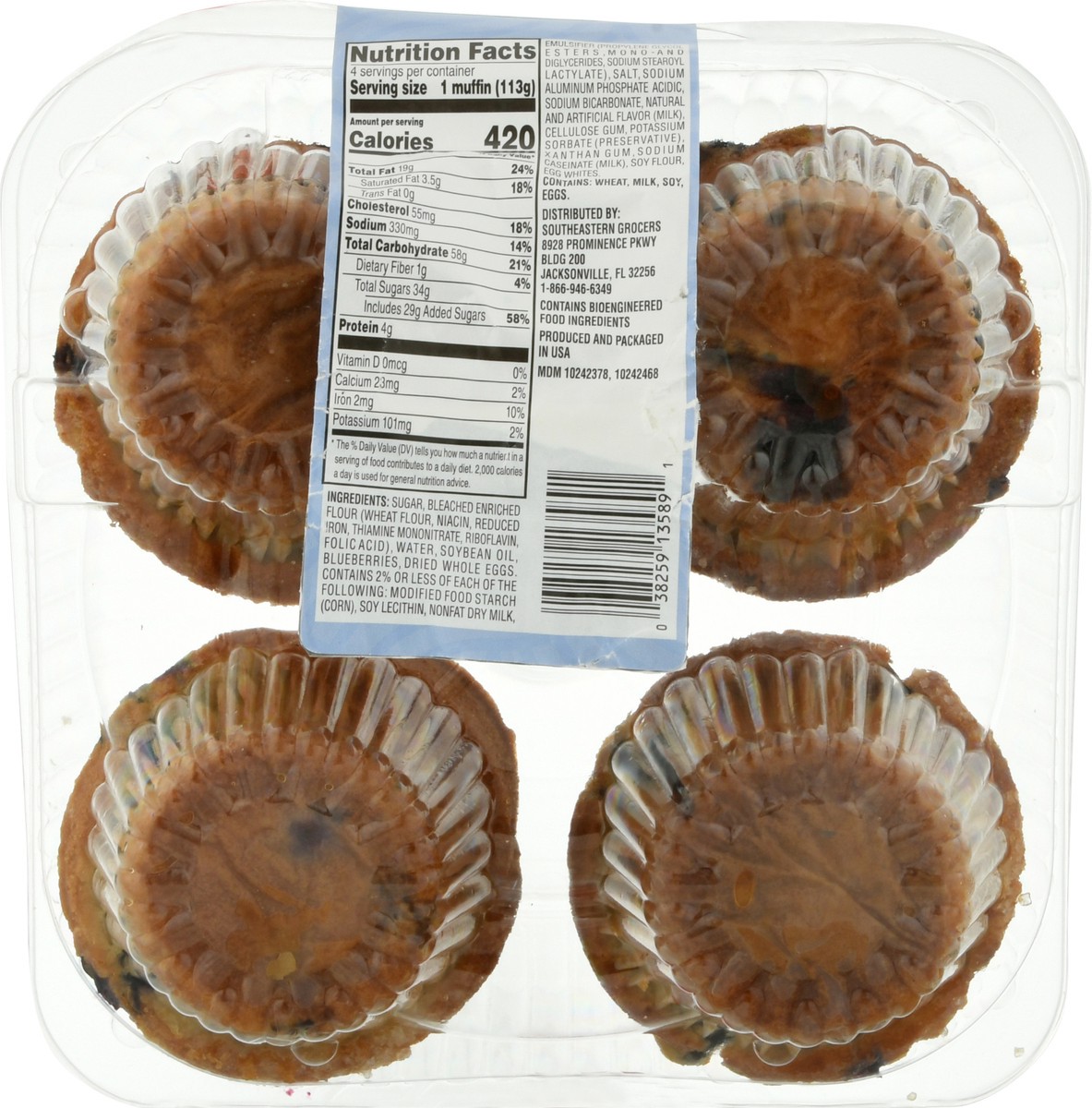 slide 2 of 13, SE Grocers 4 Pack Blueberry Muffins 4 ea, 1 ct