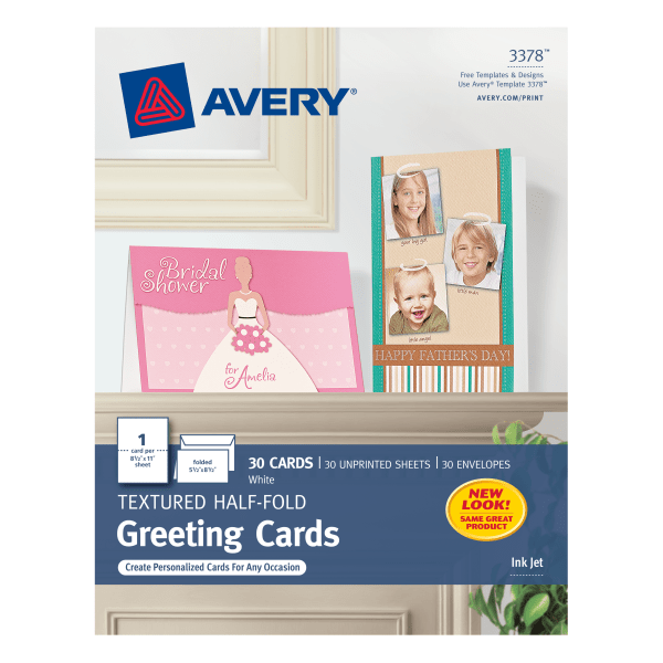 slide 1 of 3, Avery Half-Fold Textured Greeting Cards, White, 30 ct; 5 1/2 in x 8 1/2 in
