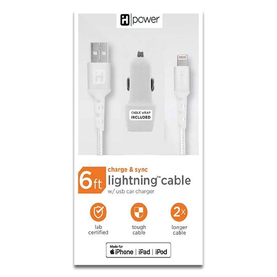 slide 1 of 1, iHome White USB Car Charger & 6' Lightning Cable Set, 6 ft