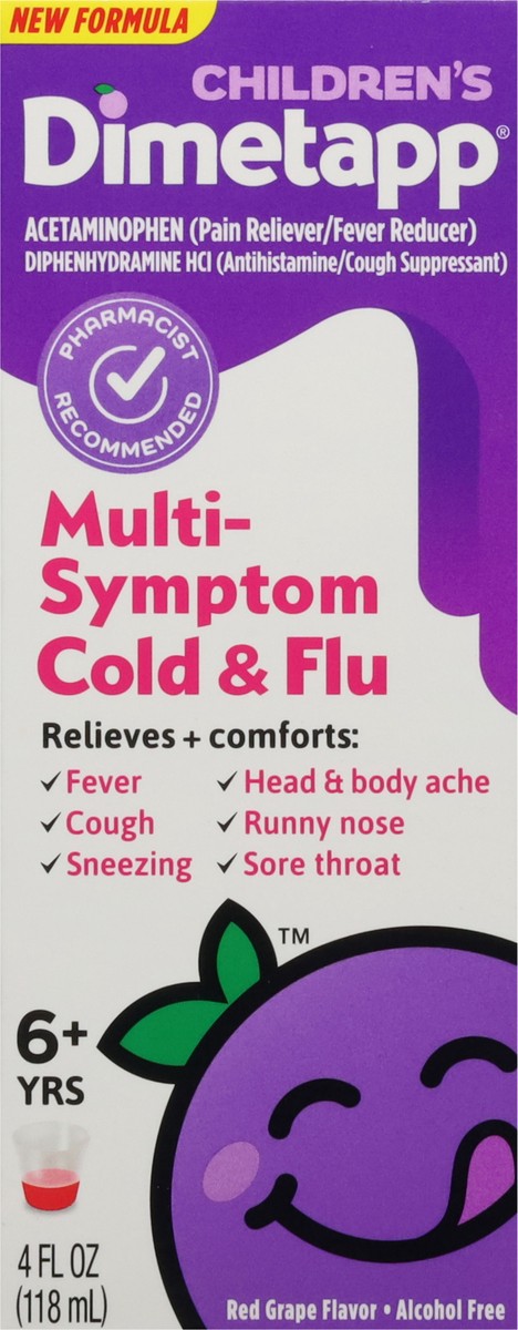 slide 8 of 13, Dimetapp Cold & Flu, Red Flavor, 6+ Yrs, Children's, Multi-Symptom, 4 fl oz