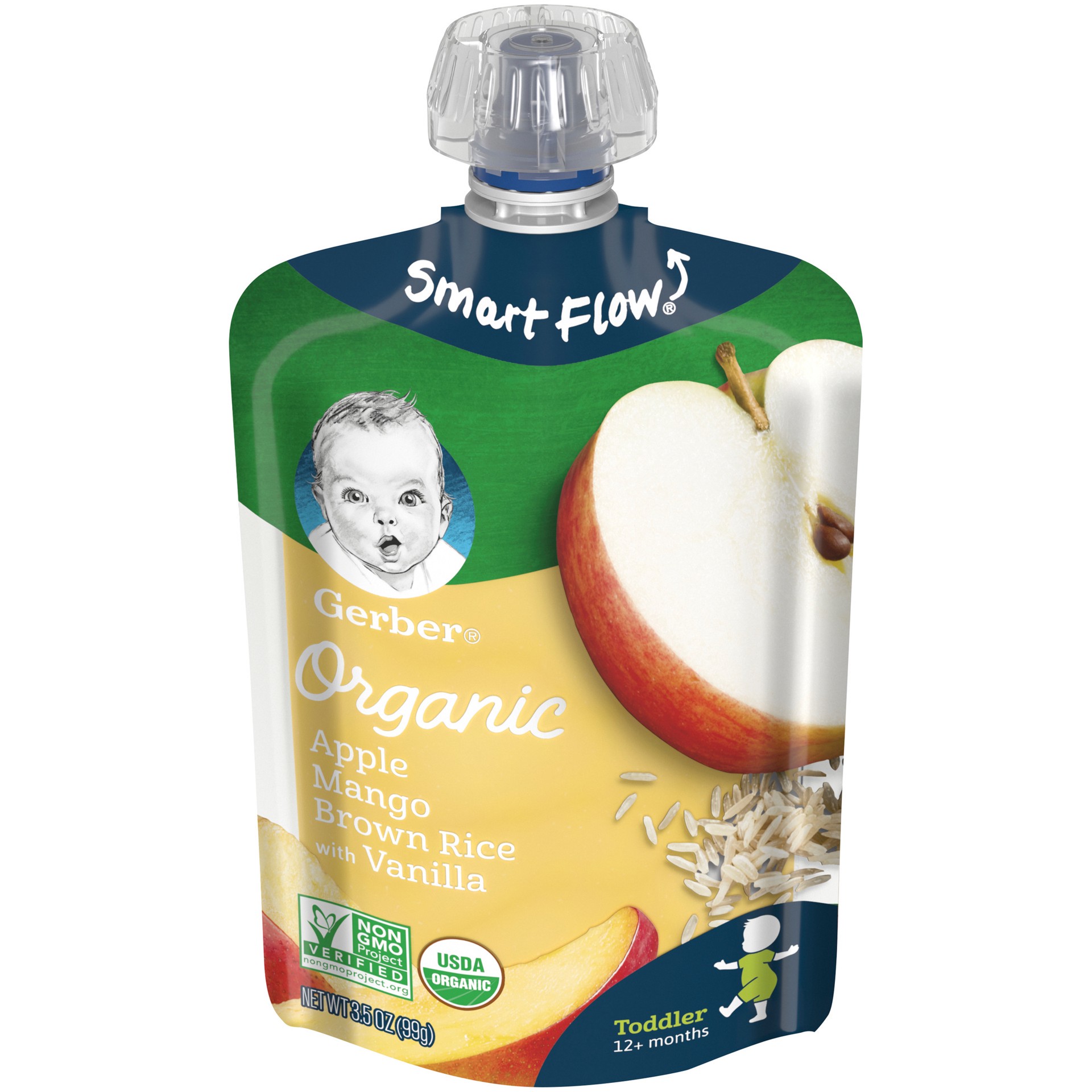 slide 1 of 5, Gerber Baby Food Organic Apple, Mango, Brown Rice With Vanilla, 3.5 oz Pouch, 3.5 oz