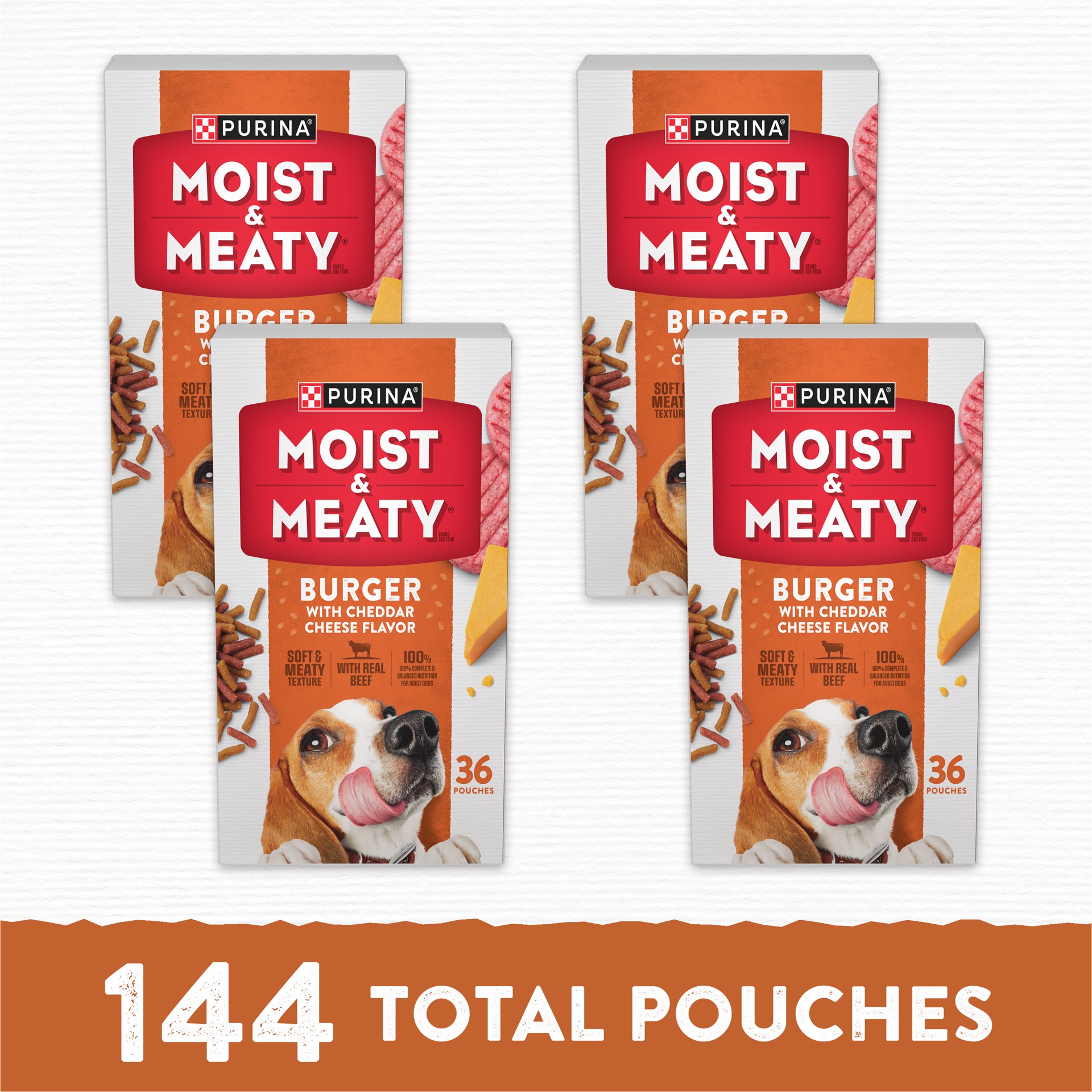 slide 8 of 9, Moist & Meaty Purina Moist and Meaty Burger With Cheddar Cheese Flavor Dry Soft Dog Food Pouches, 216 oz