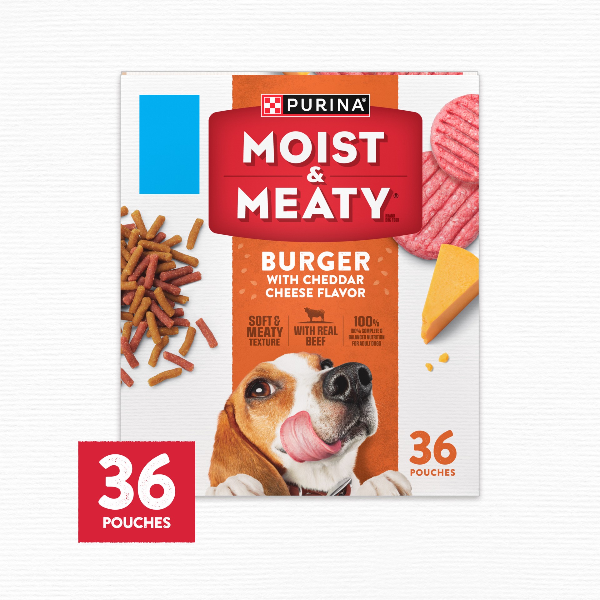 slide 3 of 9, Moist & Meaty Purina Moist and Meaty Burger With Cheddar Cheese Flavor Dry Soft Dog Food Pouches, 216 oz