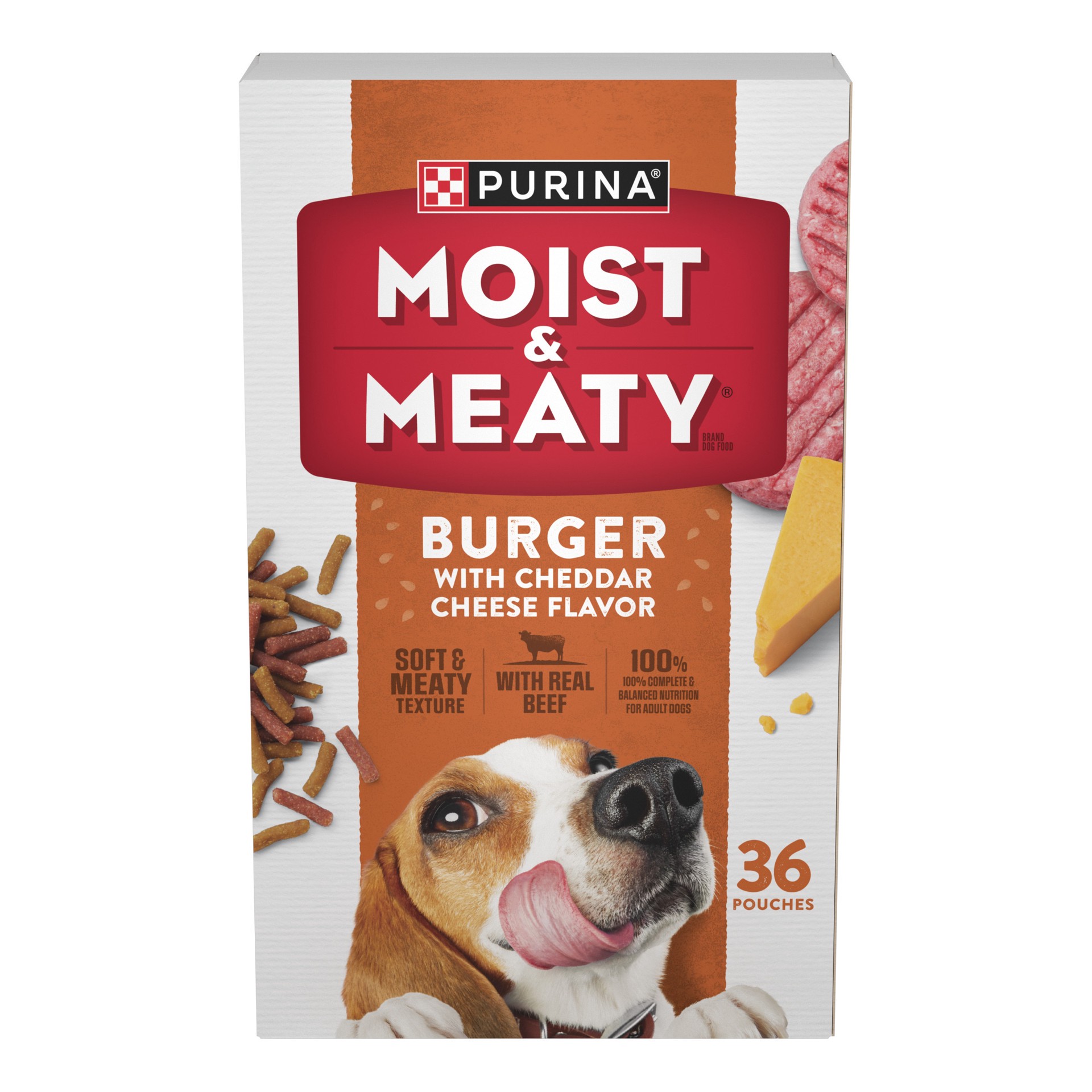 slide 1 of 9, Moist & Meaty Purina Moist and Meaty Burger With Cheddar Cheese Flavor Dry Soft Dog Food Pouches, 216 oz