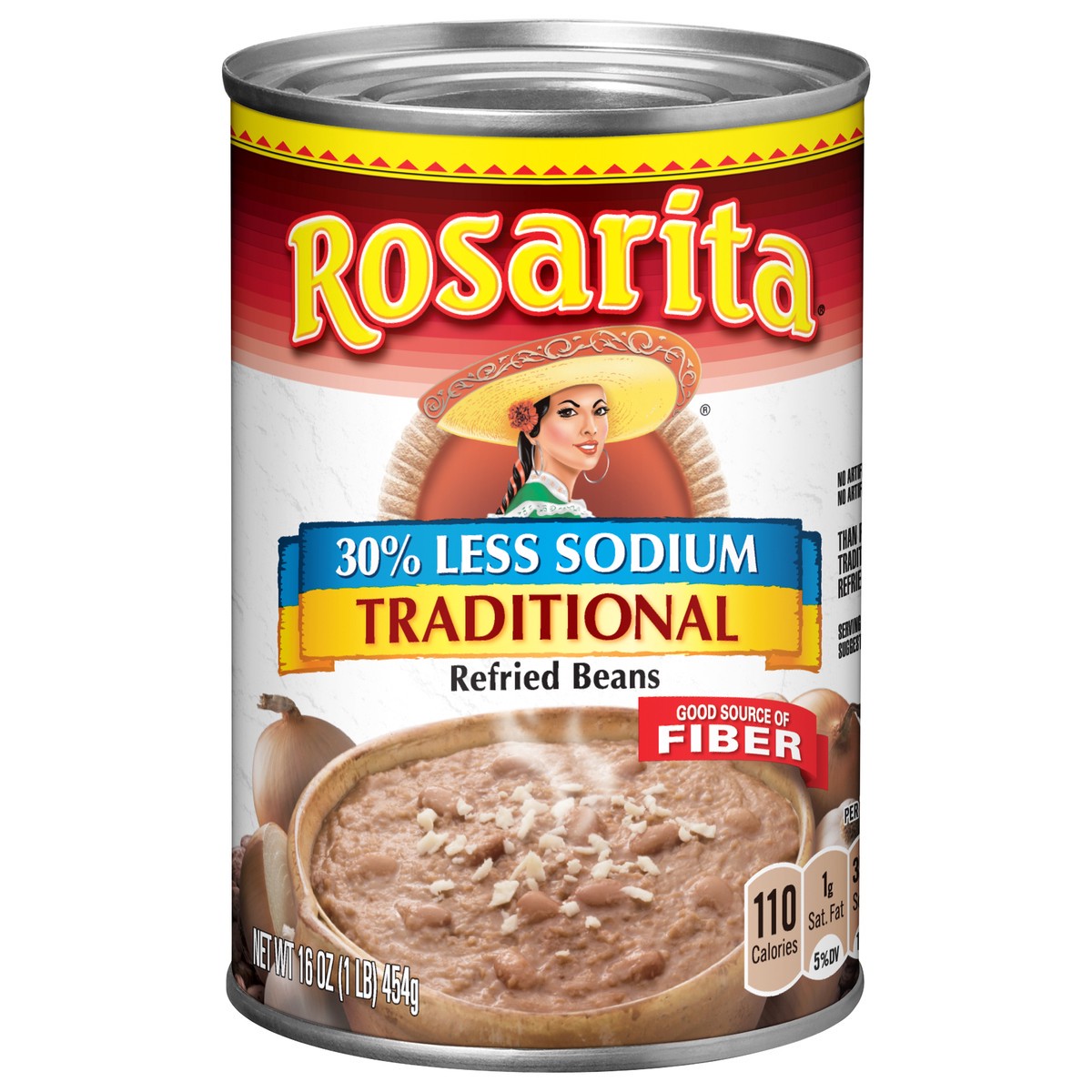 slide 1 of 5, Rosarita Traditional 30% Less Sodium Refried Beans 16 oz, 16 oz