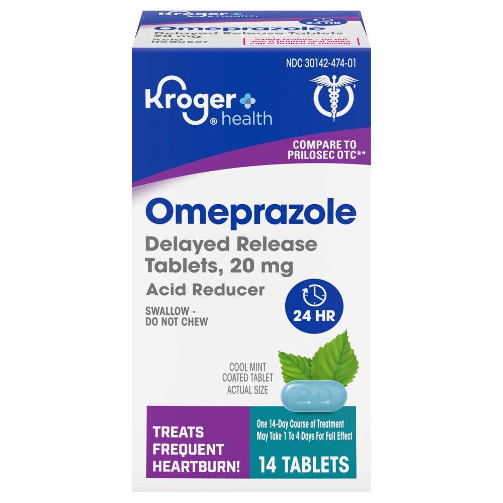 slide 1 of 3, Kroger® Omeprazole Acid Reducer Delayed Release Tablets 20mg, 14 ct