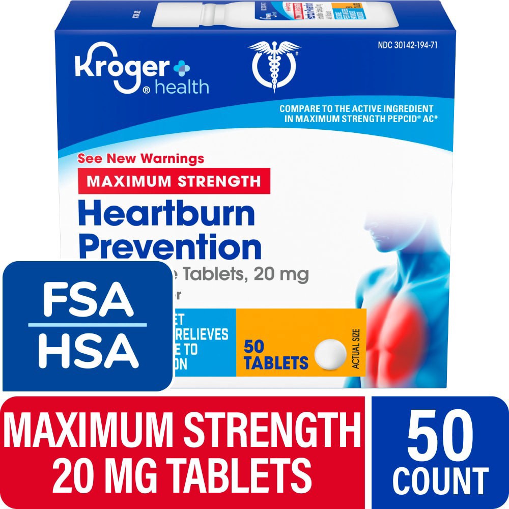slide 1 of 3, Kroger® Maximum Strength Heartburn Prevention Famotidine Tablets 20mg, 50 ct