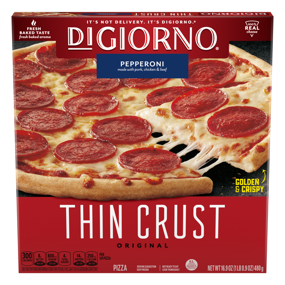 slide 1 of 2, DIGIORNO Classic Thin Crust Pepperoni Pza 16.9oz Package, 16.9 fl oz