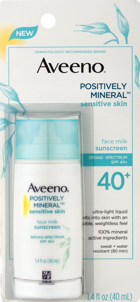 slide 3 of 10, Aveeno Positively Mineral Sensitive Skin SPF 40+ Sunscreen Face Milk, 1.4 Fl. Oz, 1.4 oz