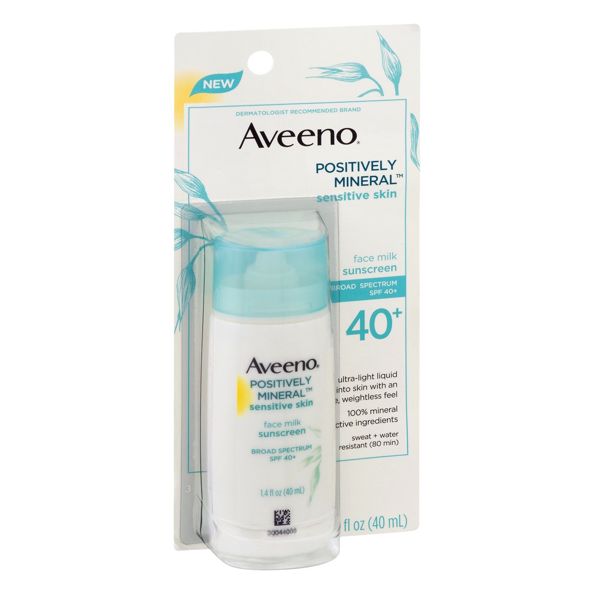 slide 2 of 10, Aveeno Positively Mineral Sensitive Skin SPF 40+ Sunscreen Face Milk, 1.4 Fl. Oz, 1.4 oz