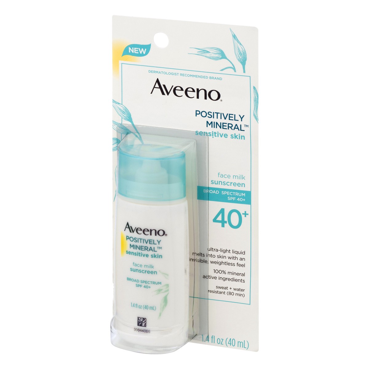 slide 8 of 10, Aveeno Positively Mineral Sensitive Skin SPF 40+ Sunscreen Face Milk, 1.4 Fl. Oz, 1.4 oz