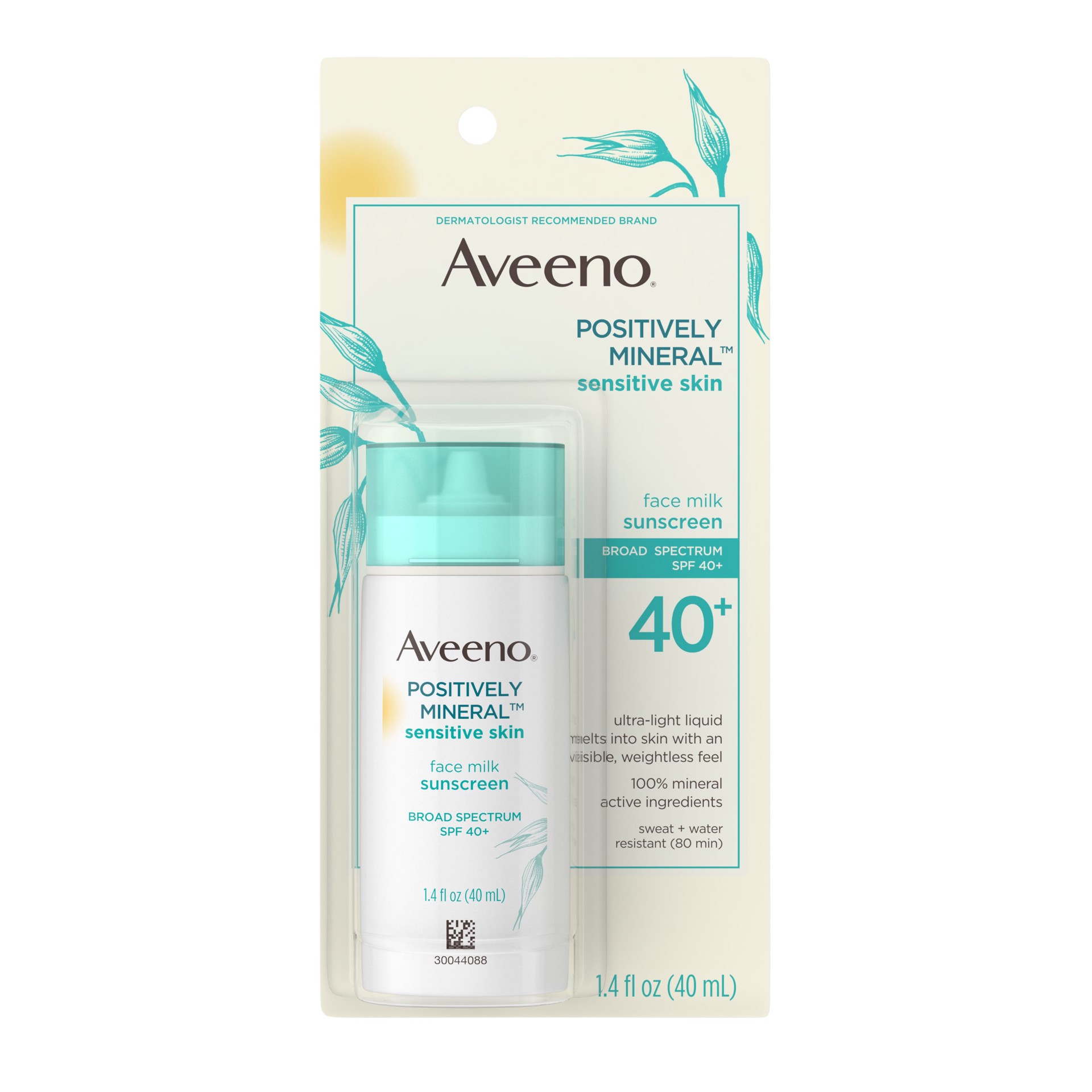 slide 1 of 10, Aveeno Positively Mineral Sensitive Skin SPF 40+ Sunscreen Face Milk, 1.4 Fl. Oz, 1.4 oz