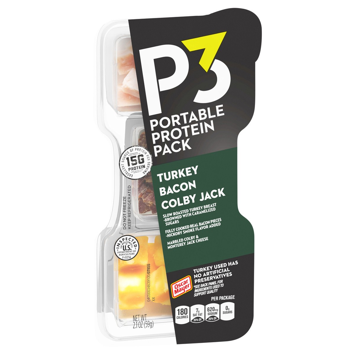 slide 7 of 9, P3 Portable Protein Snack Pack with Turkey, Bacon & Colby Jack Cheese, 2.1 oz Tray, 2.1 oz