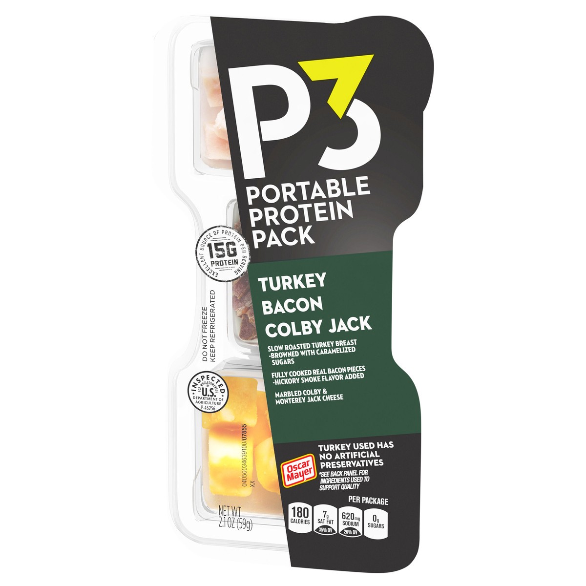 slide 2 of 9, P3 Portable Protein Snack Pack with Turkey, Bacon & Colby Jack Cheese, 2.1 oz Tray, 2.1 oz