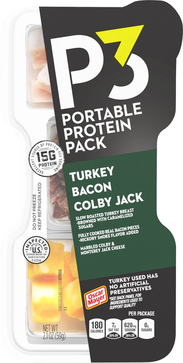 slide 3 of 9, P3 Portable Protein Snack Pack with Turkey, Bacon & Colby Jack Cheese, 2.1 oz Tray, 2.1 oz