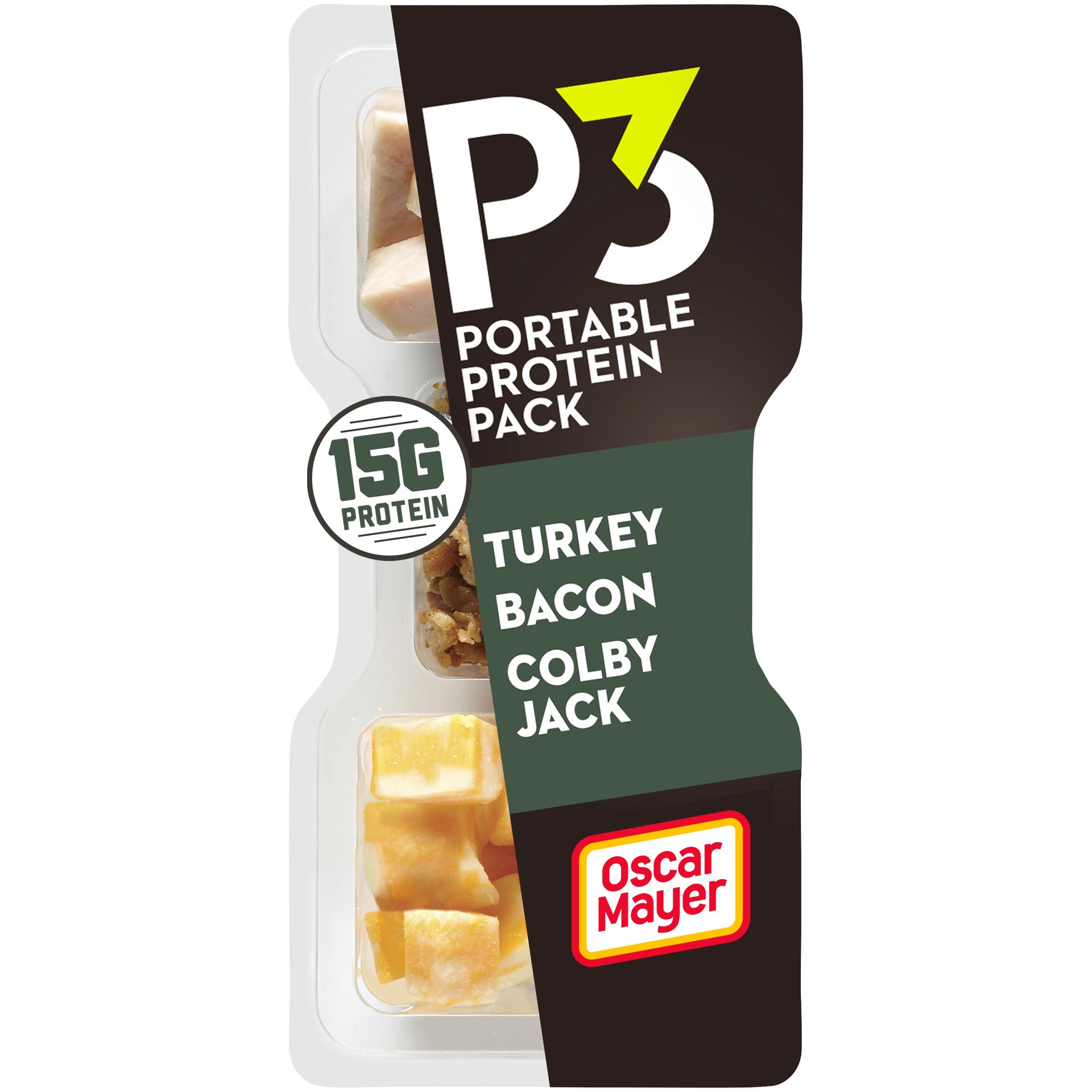 slide 1 of 9, P3 Portable Protein Snack Pack with Turkey, Bacon & Colby Jack Cheese, 2.1 oz Tray, 2.1 oz