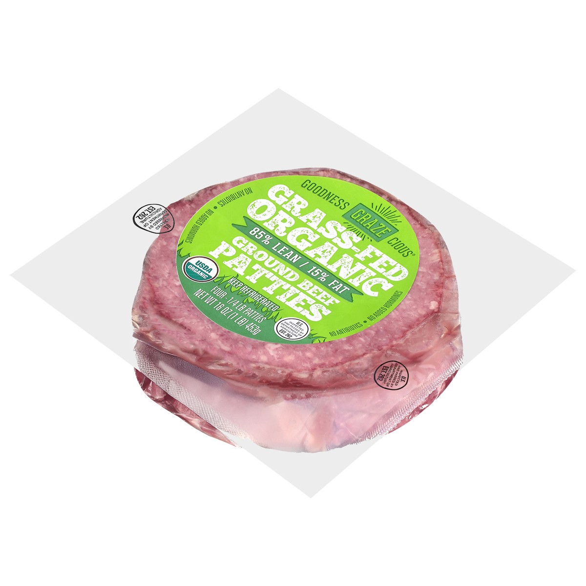 slide 4 of 4, Goodness Grazecious Organic Grass-Fed 85%/15% Ground Beef Patties 4 - 0.25 lb Patties, 4 ct
