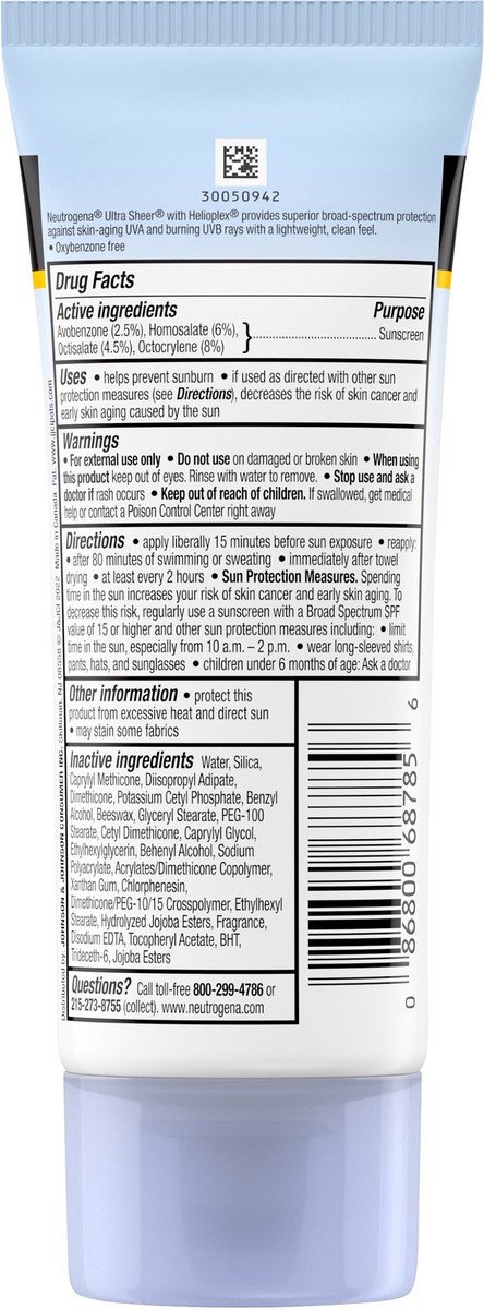 slide 6 of 7, Neutrogena Ultra Sheer Dry-Touch Sunscreen Lotion, Broad Spectrum SPF 30 UVA/UVB Protection, Oxybenzone-Free, Light, Water Resistant, Non-Comedogenic ; Non-Greasy, Travel Size, 3 fl. oz, 3 fl oz