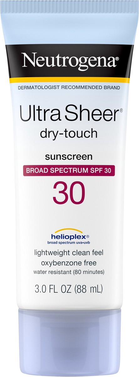 slide 4 of 7, Neutrogena Ultra Sheer Dry-Touch Sunscreen Lotion, Broad Spectrum SPF 30 UVA/UVB Protection, Oxybenzone-Free, Light, Water Resistant, Non-Comedogenic ; Non-Greasy, Travel Size, 3 fl. oz, 3 fl oz