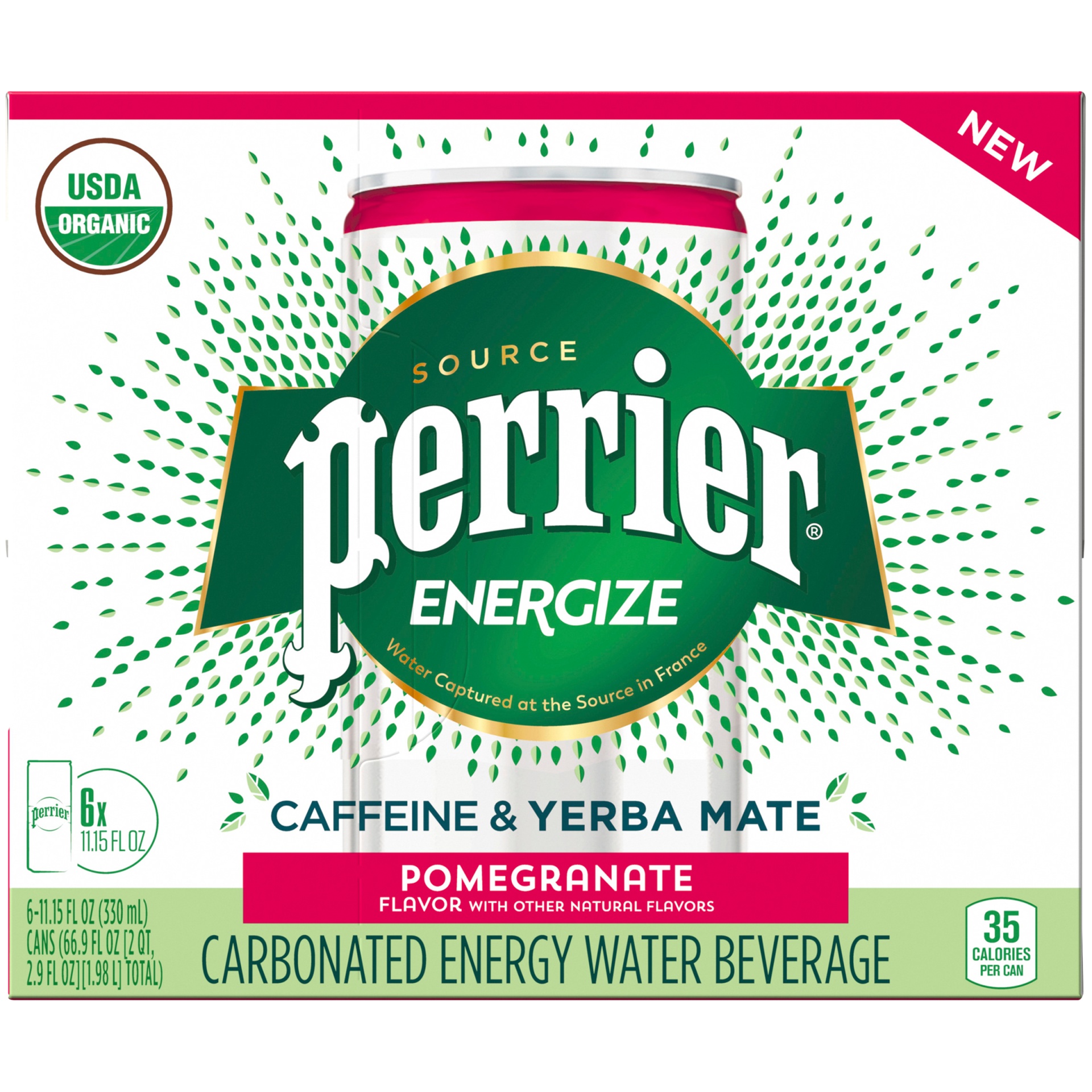 slide 1 of 1, Perrier ENERGIZE Pomegranate Flavored Carbonated Energy Water Beverage. An Organic Energy Drink with plant-based caffeine and yerba mate extract for the afternoon boost, 66.9 fl oz
