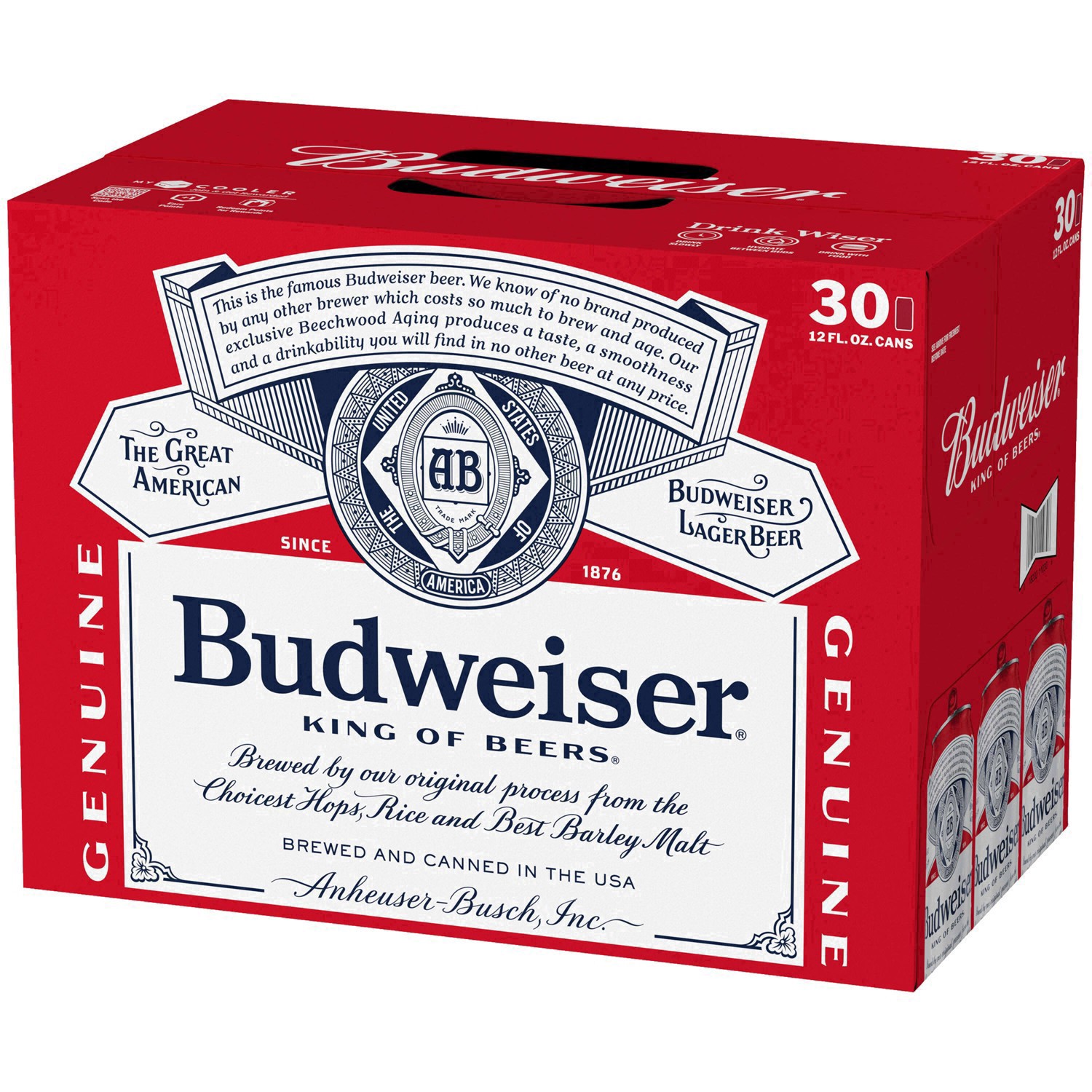 slide 28 of 93, Budweiser American Lager Beer 30 Pack, 12 fl oz Cans, 360 fl. oz