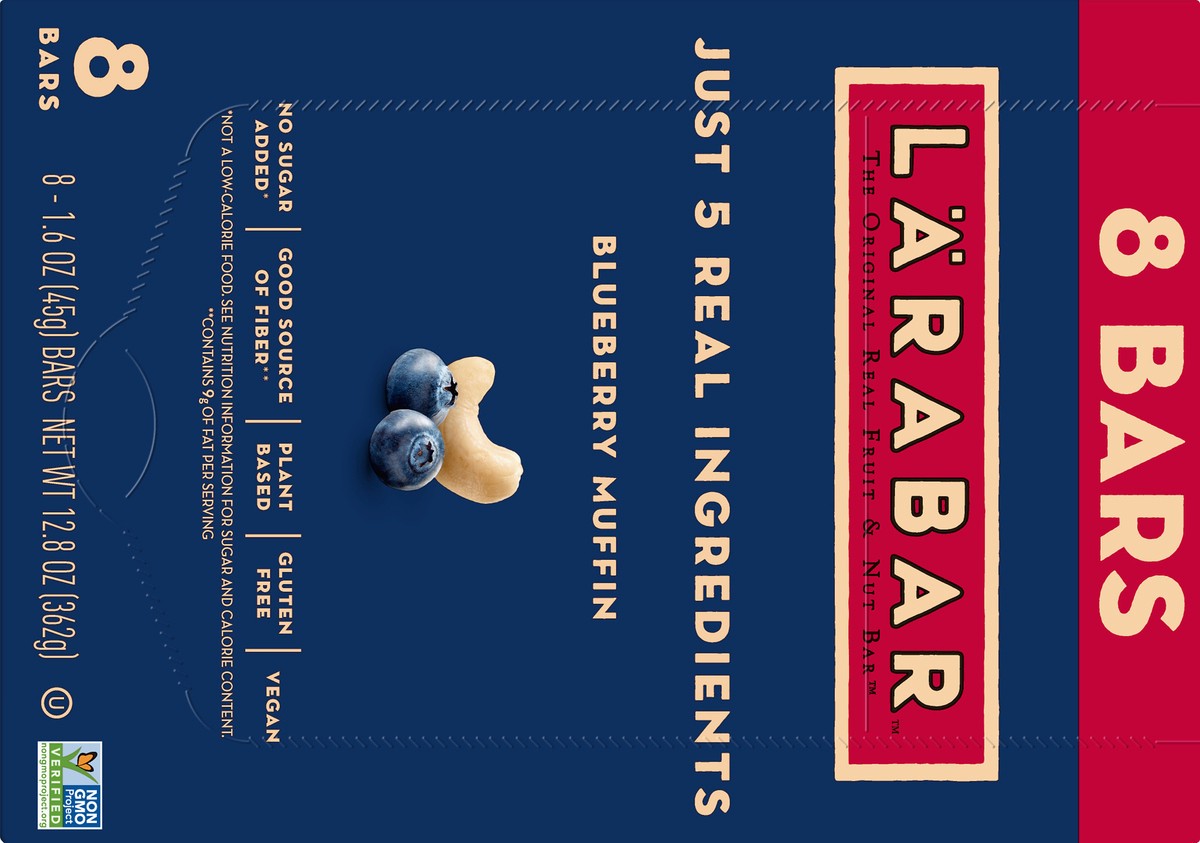 slide 5 of 9, LÄRABAR Blueberry Muffin, Gluten Free Vegan Fruit & Nut Bars, 1.6 oz, 8 ct, 8 ct