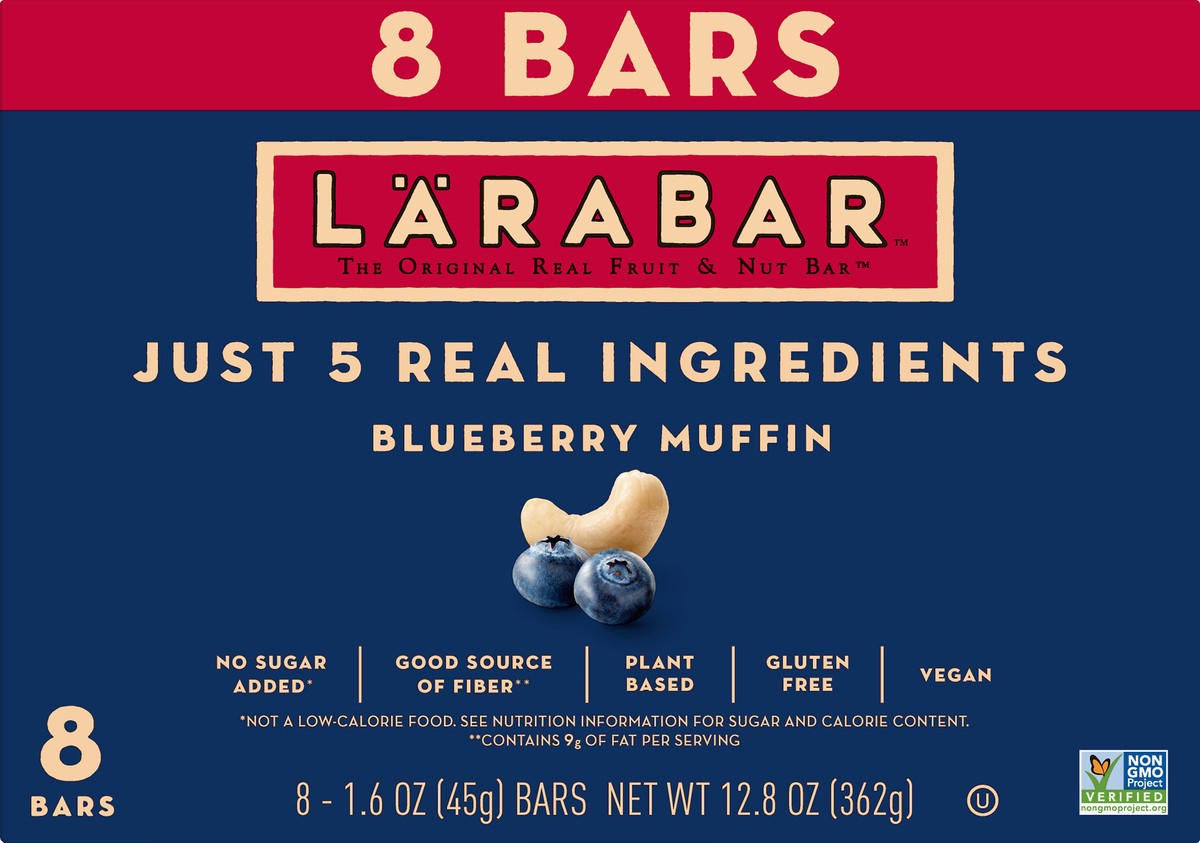 slide 4 of 9, LÄRABAR Blueberry Muffin, Gluten Free Vegan Fruit & Nut Bars, 1.6 oz, 8 ct, 8 ct