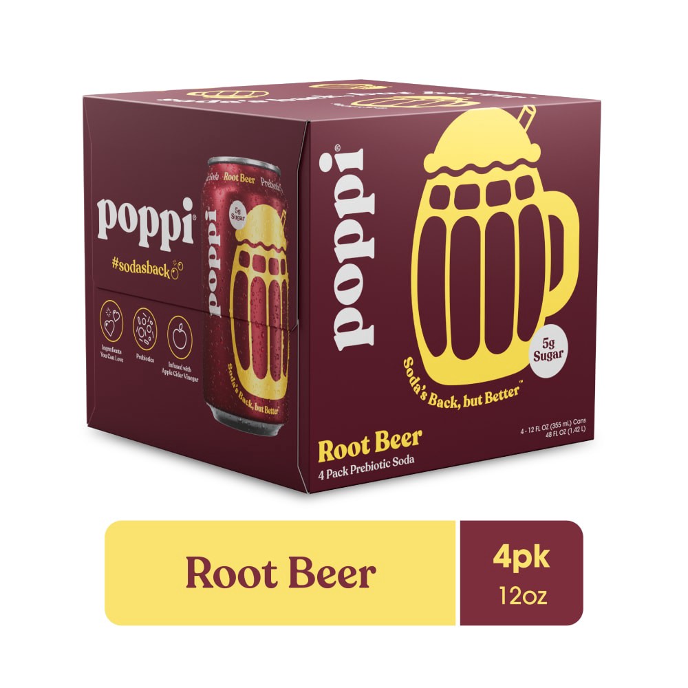 slide 1 of 6, Poppi Root Beer Prebiotic Soda, 4 ct; 12 fl oz
