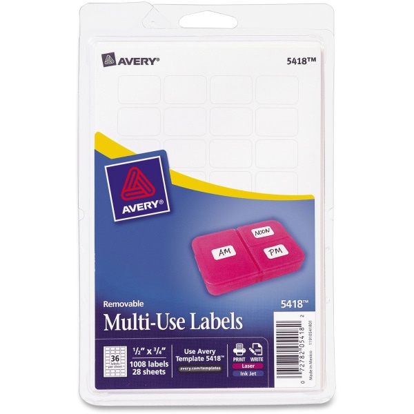slide 1 of 1, Avery Removable Inkjet/Laser Multipurpose Labels, Id, 5418, White, 1008 ct