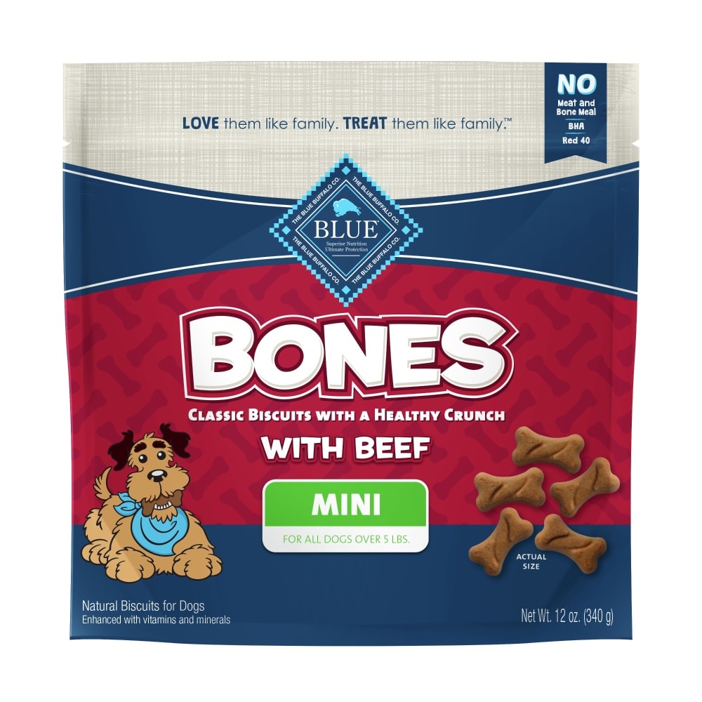 slide 1 of 1, Blue Buffalo Bones Beef Mini Dog Biscuits, 12 oz