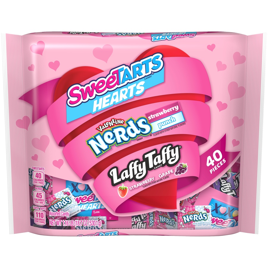 slide 1 of 8, SweeTARTS Hearts, Nerds and Laffy Taffy Valentine's Day Assorted Candies, 40 ct; 18.7 oz