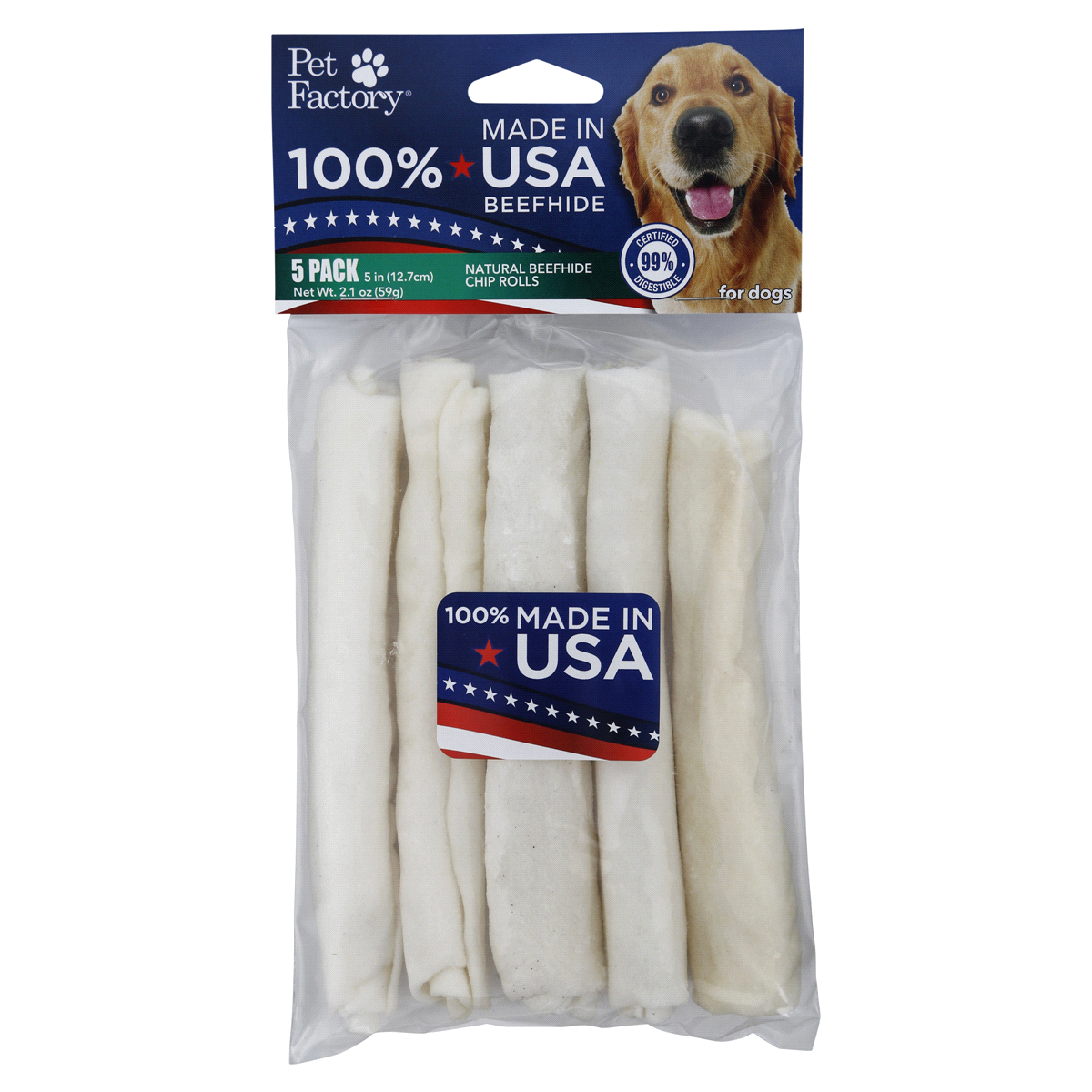 slide 1 of 5, Pet Factory American 5 Beefhide Chip Rolls USA, 5 ft