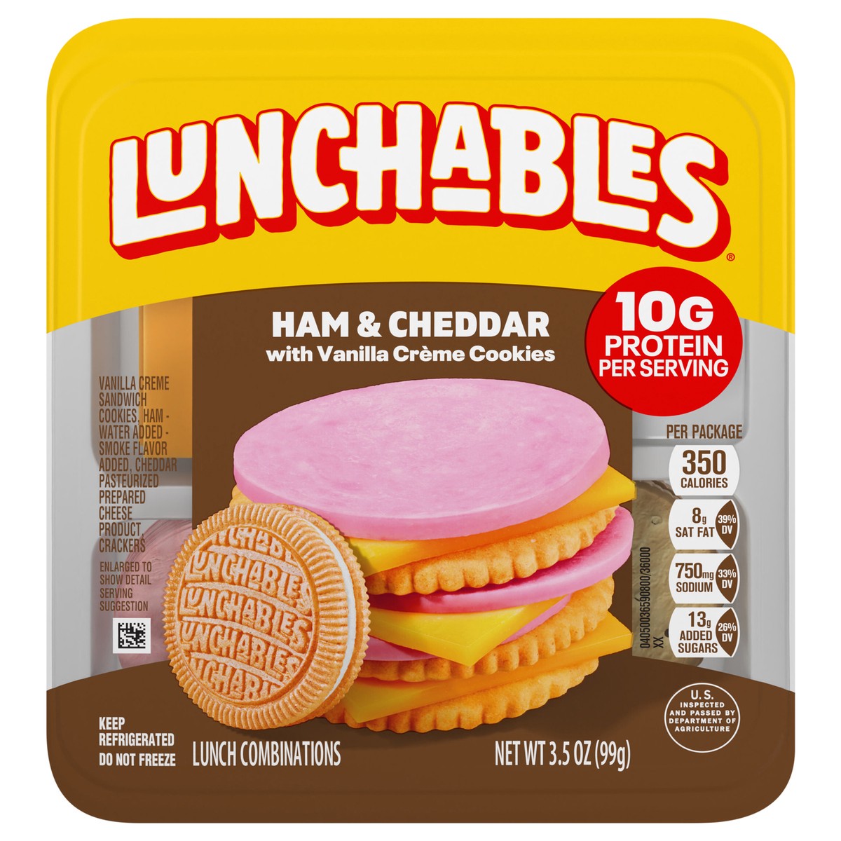 slide 1 of 5, Lunchables Ham and Cheddar Cracker Stackers with Vanilla Creme Cookies, 3.5 oz Tray, 3.50 oz