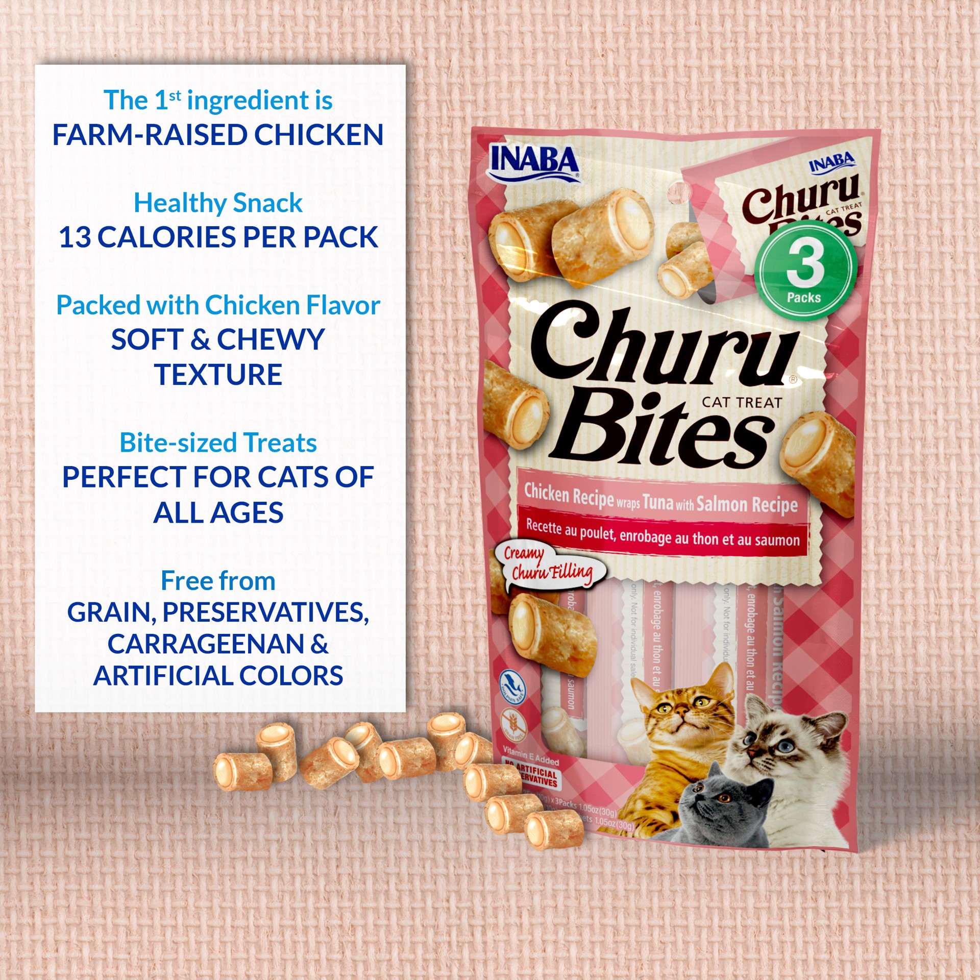 slide 6 of 7, Inaba Churu Bites for Cats, Soft & Chewy Baked Chicken Wrapped Churu Filled Cat Treats with Vitamin E, 0.35 Ounces Each Tube, 3 Tubes Total, Chicken Recipe, 3 ct