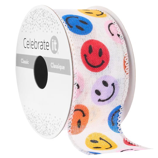slide 1 of 2, 1.5" X 3yd. Taffeta Wired White Smiles Ribbon By Celebrate It Classic, 1.5 in x 3 yd